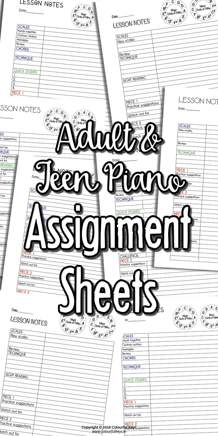 Piano assignment sheets for adults and teenagers.