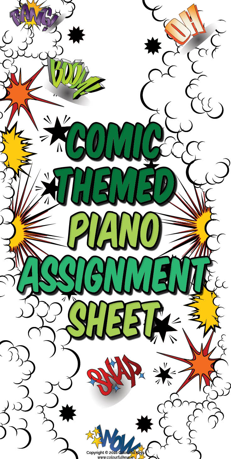 Comic themed piano assignment sheet